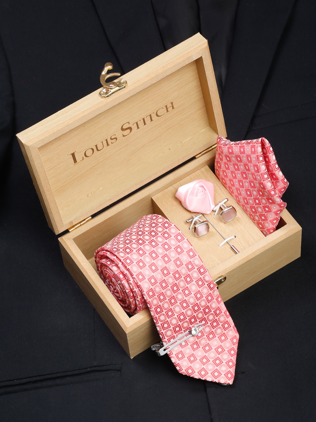 

LOUIS STITCH Men Salmon Peach Italian Silk Necktie Accessory Gift Set