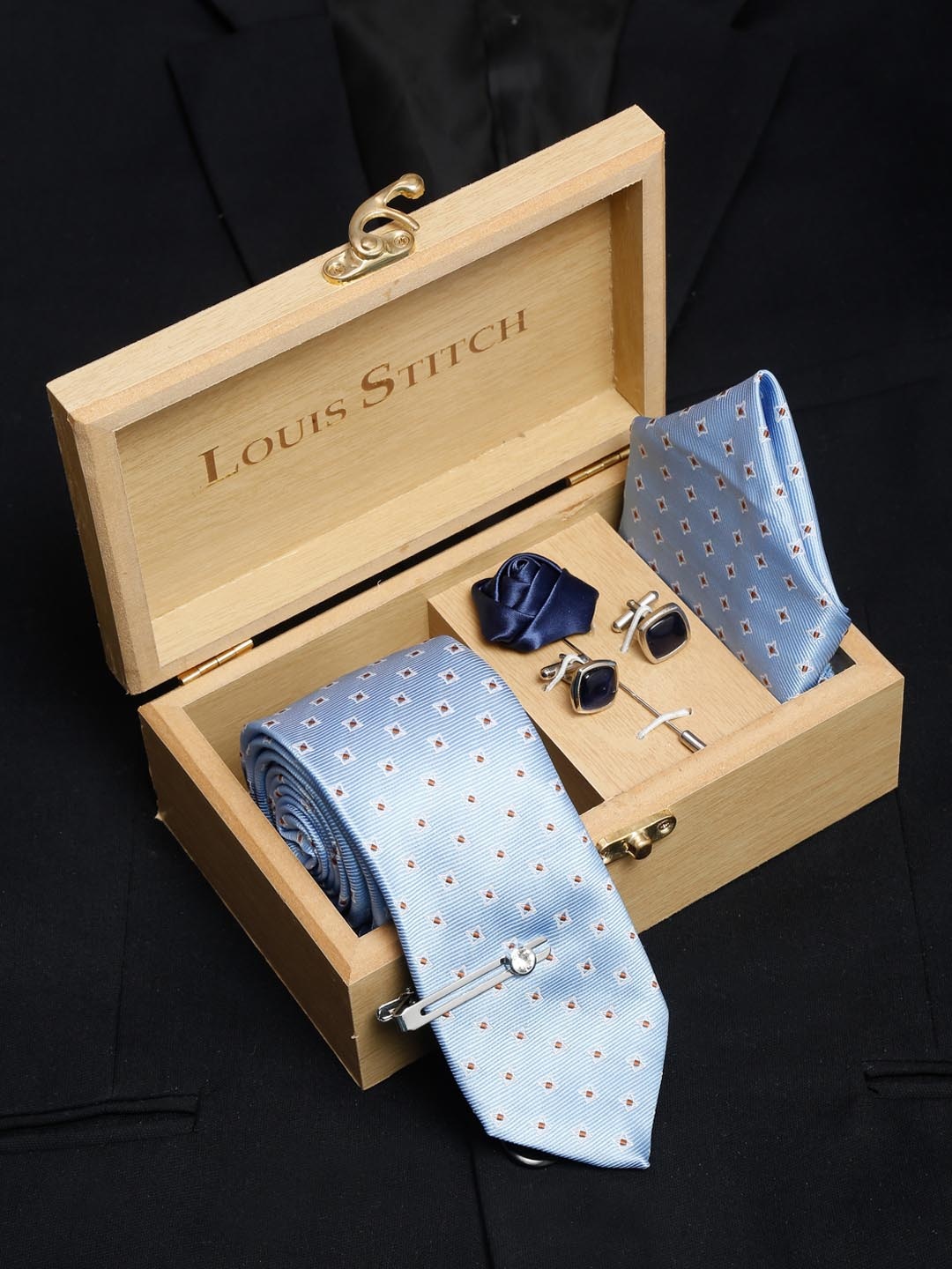 

LOUIS STITCH Men Italian Silk Necktie Accessory Gift Set, Blue