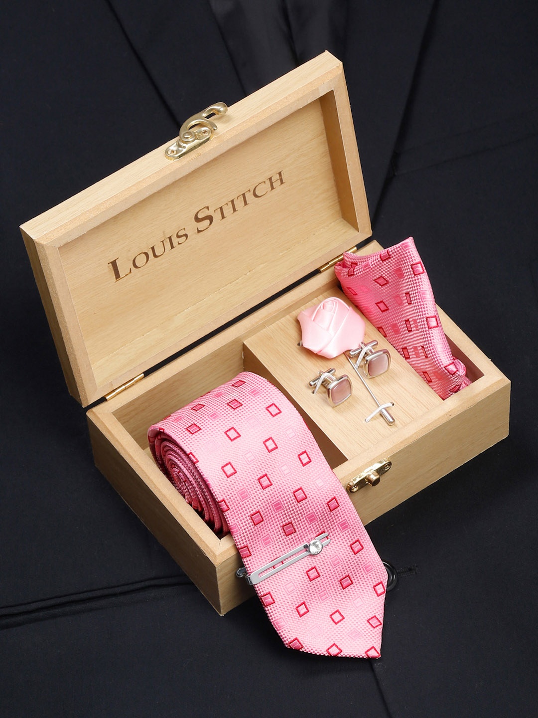 

LOUIS STITCH Men Silk Necktie Accessory Gift Set, Peach