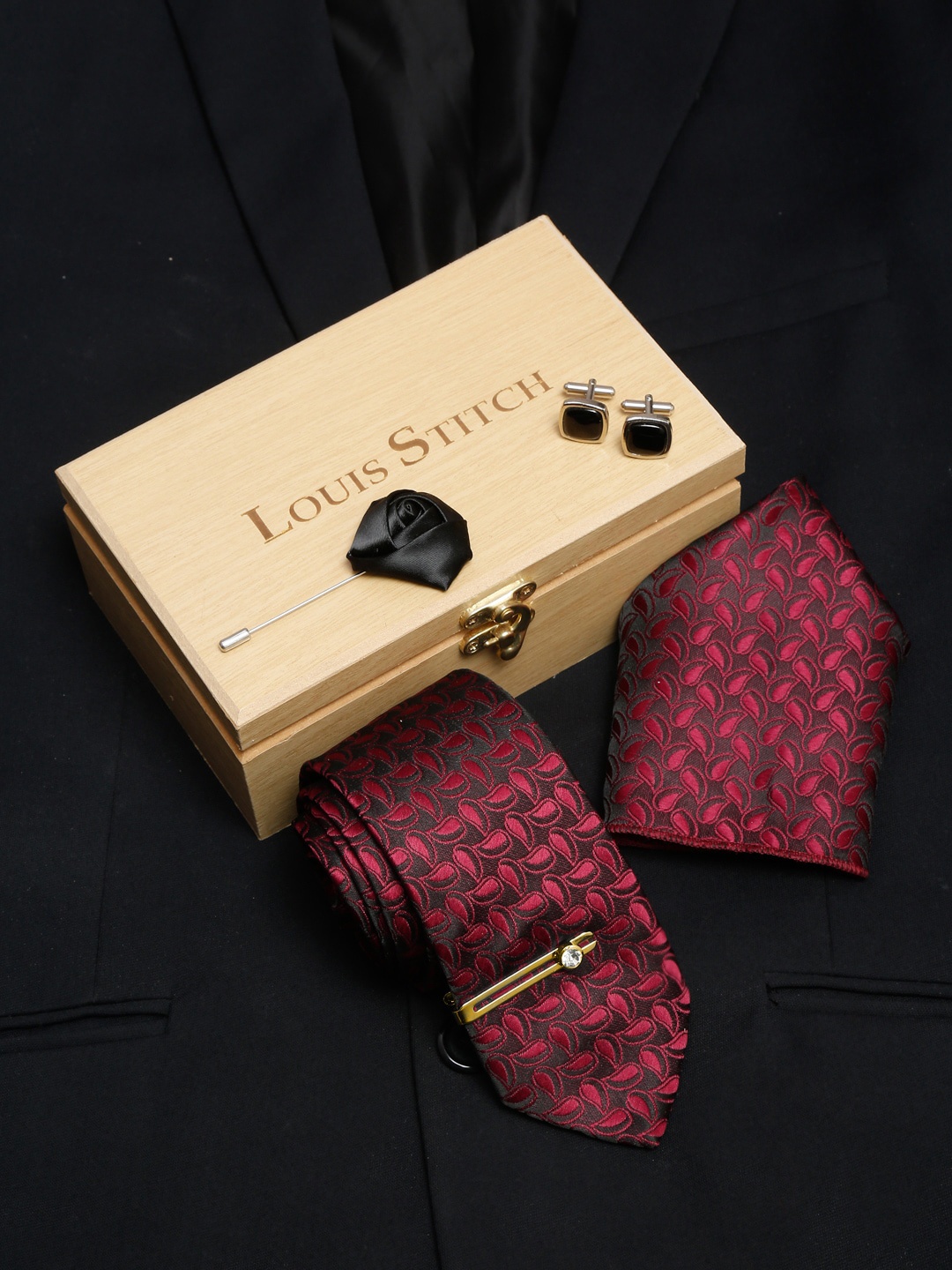 

LOUIS STITCH Men Italian Silk Necktie Accessory Gift Set, Red