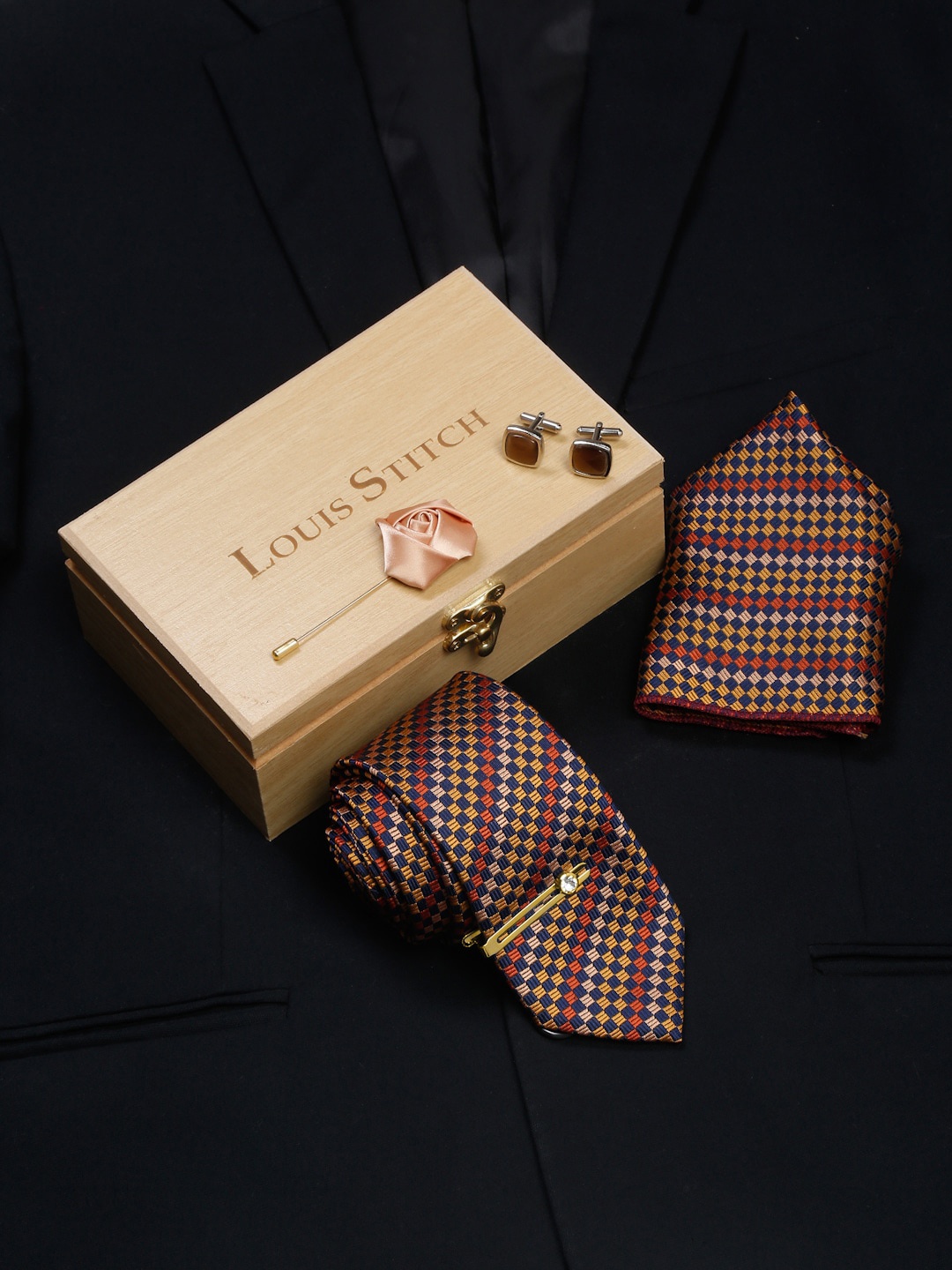 

LOUIS STITCH Men Italian Silk Necktie Accessory Gift Set, Yellow