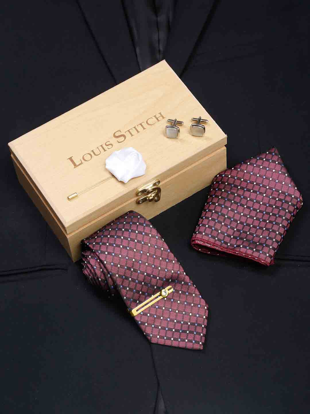 

LOUIS STITCH Men Printed Italian Silk Accessory Gift Set, Red