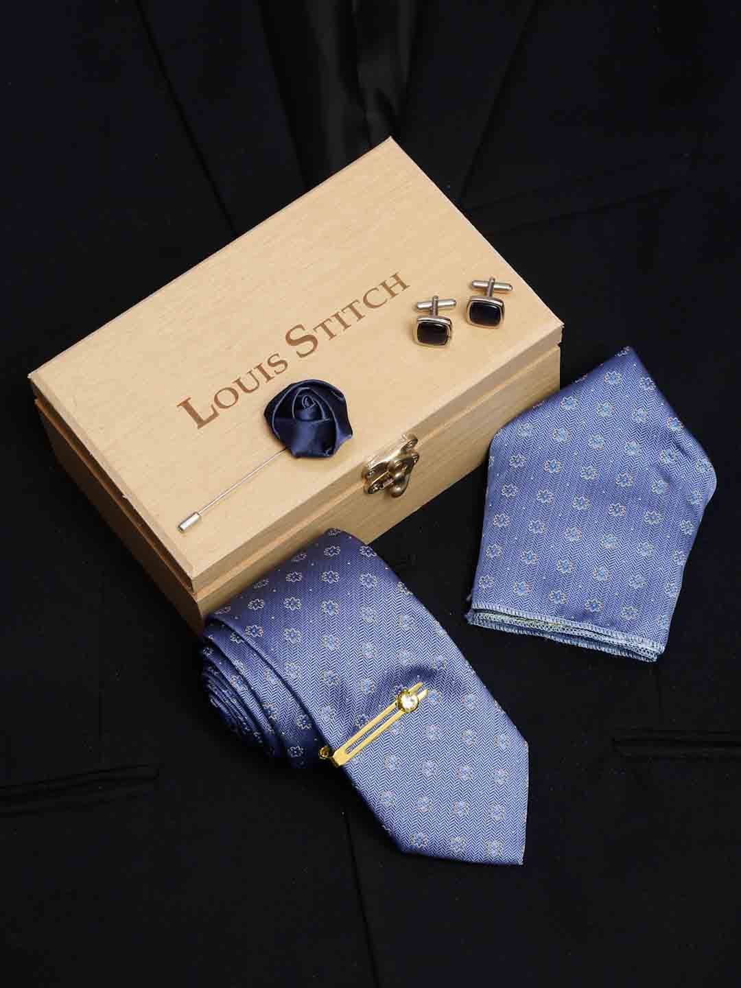 

LOUIS STITCH Men Dark Blue Italian Silk Necktie Accessory Gift Set, Navy blue