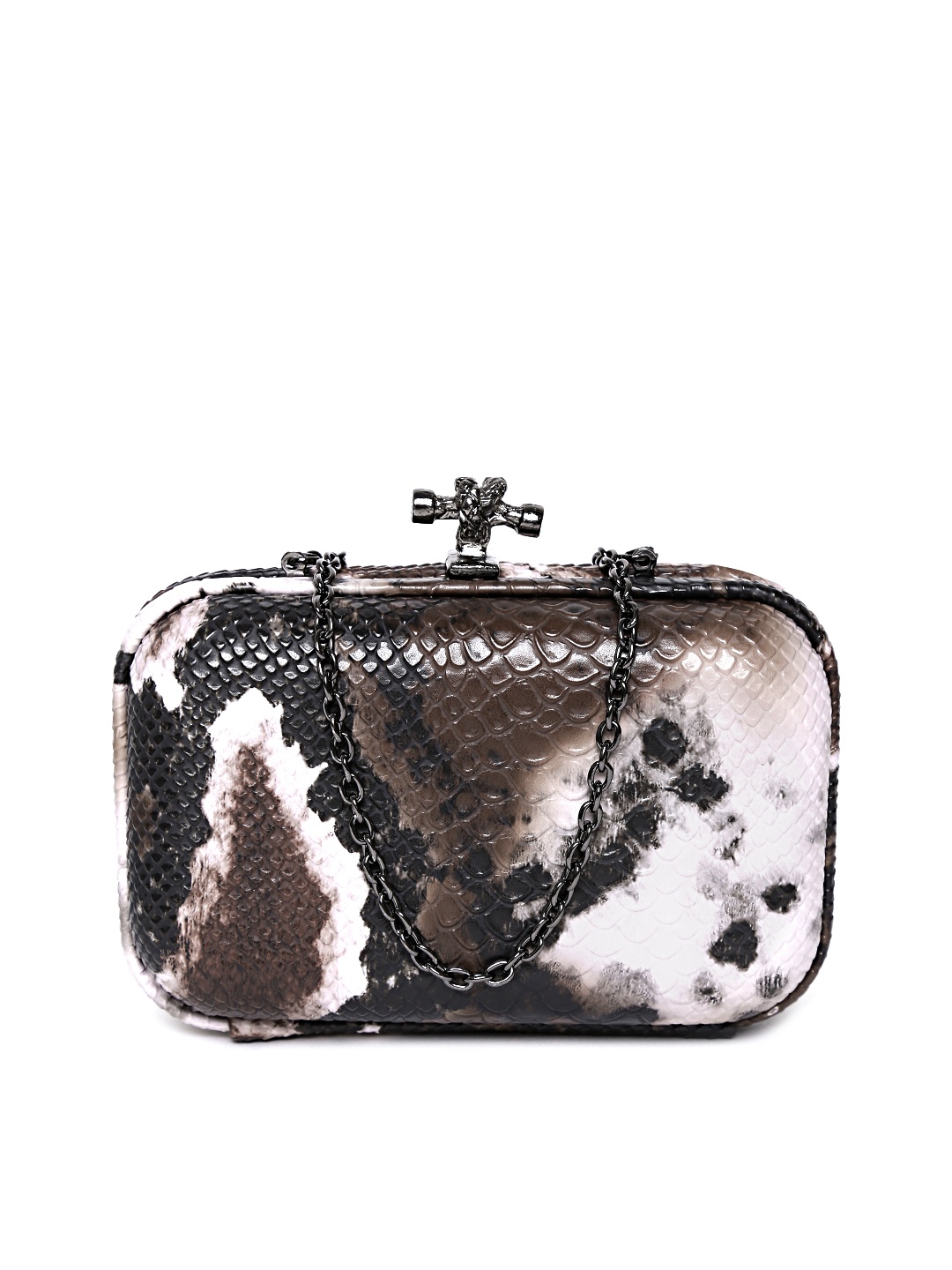 

GIORDANO Brown & Black Snakeskin-Textured Box Clutch with Chain Strap