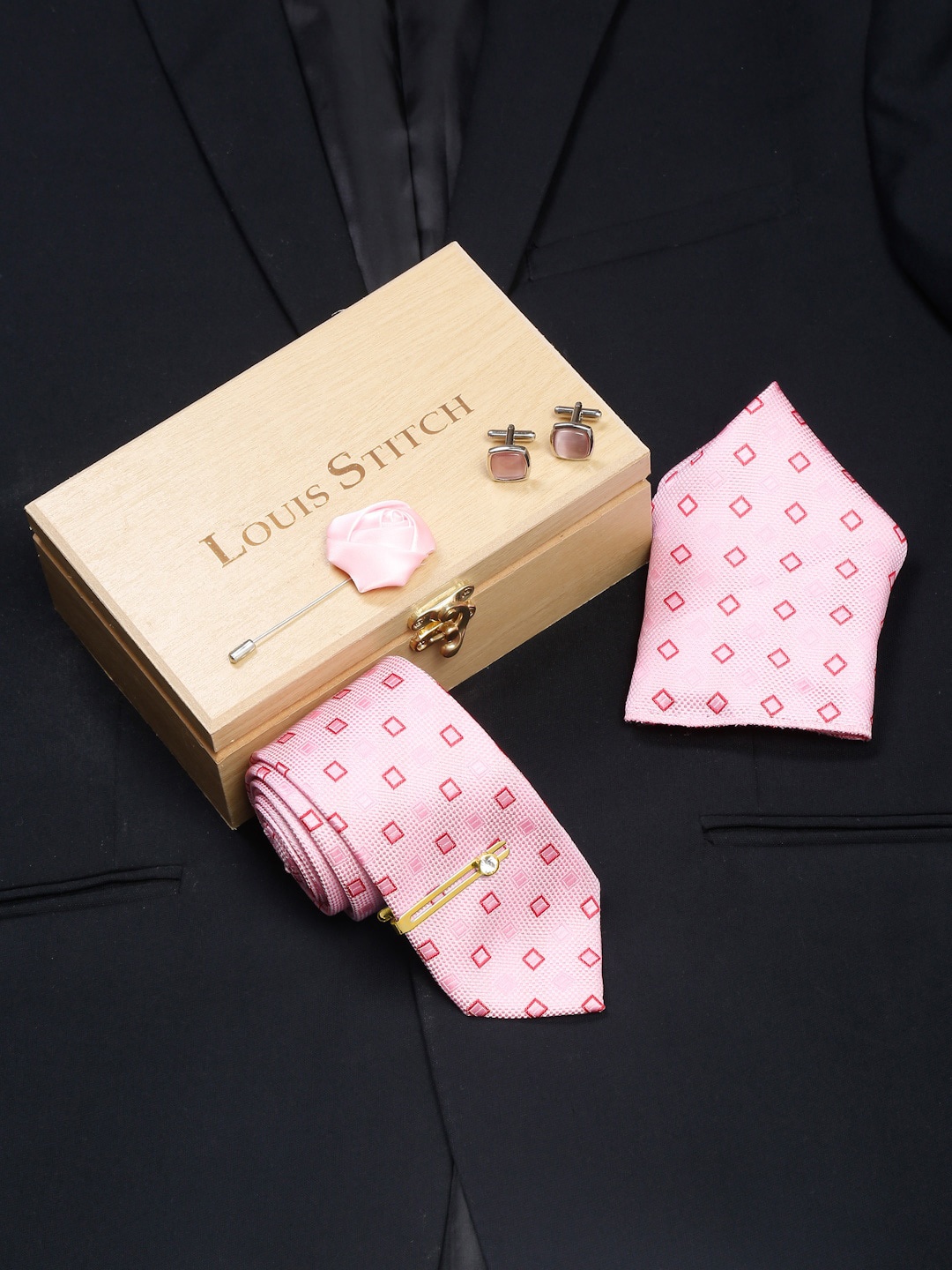 

LOUIS STITCH Men Blush Peach Italian Silk Necktie Accessory Gift Set, Pink