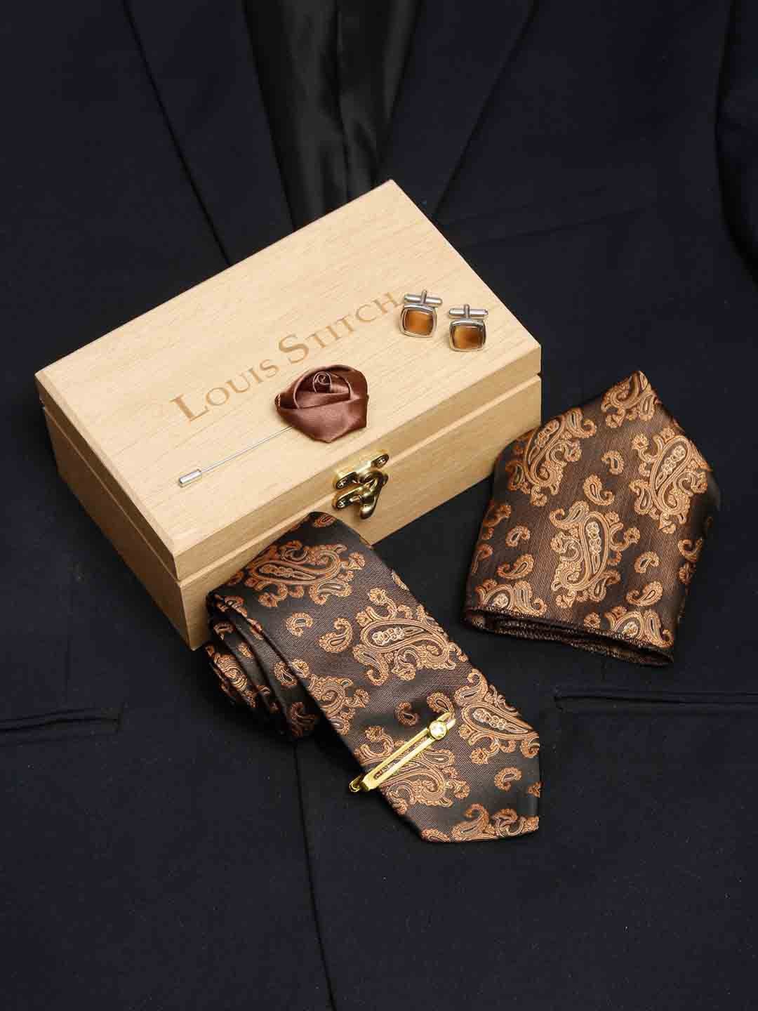 

LOUIS STITCH Men Hickory Brown Italian Silk Necktie Accessory Gift Set