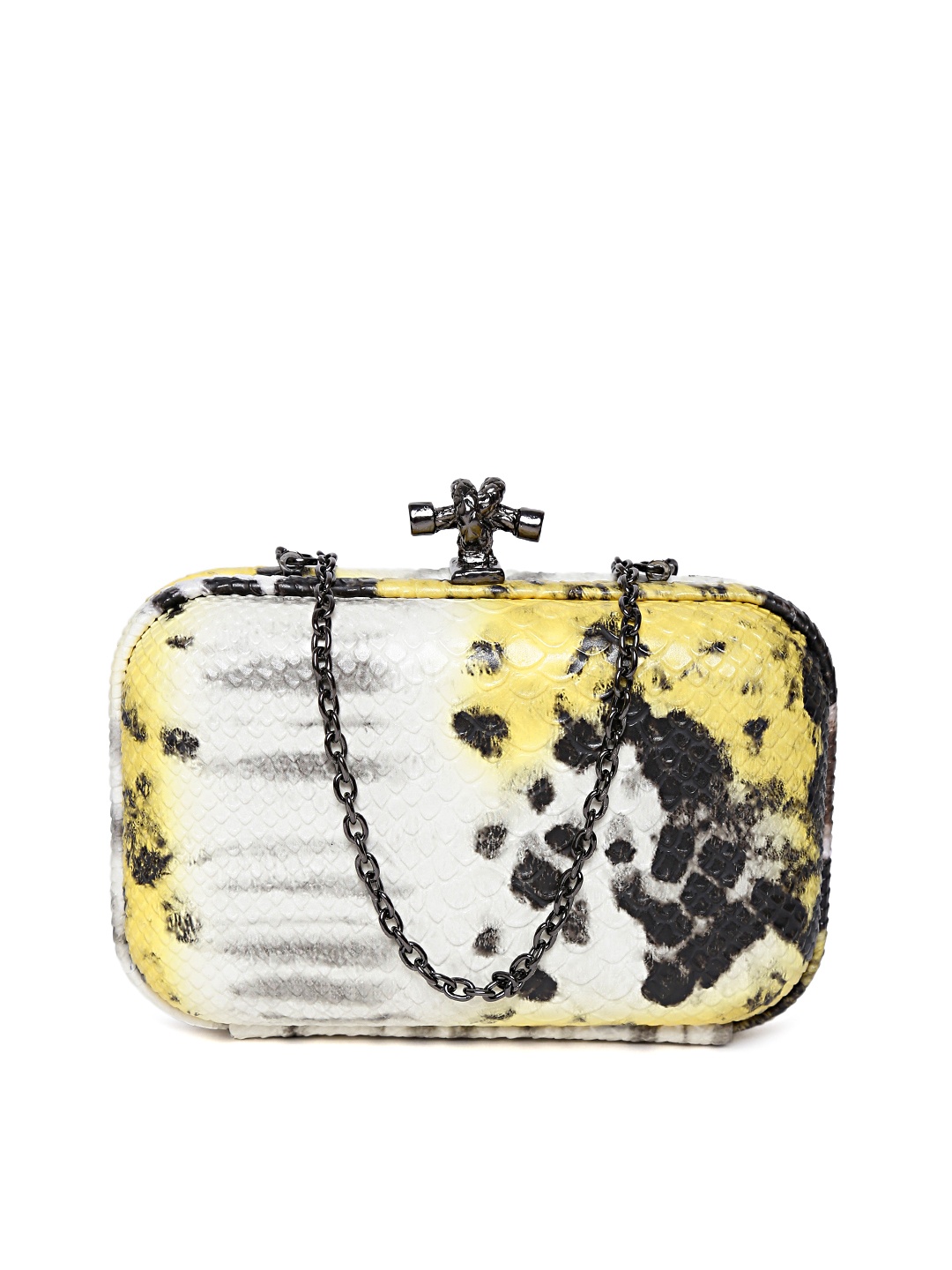 

GIORDANO Yellow & Off-White Snakeskin-Textured Box Clutch with Chain Strap