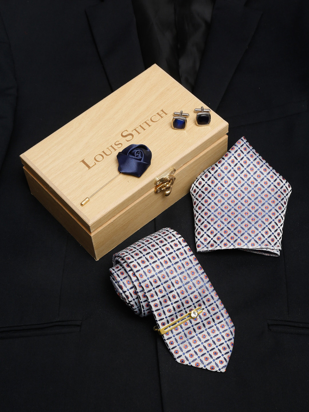 

LOUIS STITCH Men's Italian Silk Necktie Accessory Gift Set, Grey