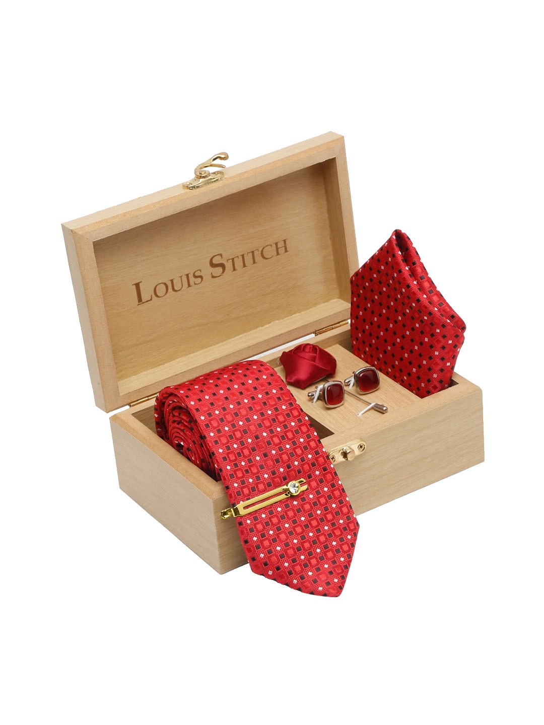 

LOUIS STITCH Men Tart Red Italian Silk Necktie Accessory Gift Set