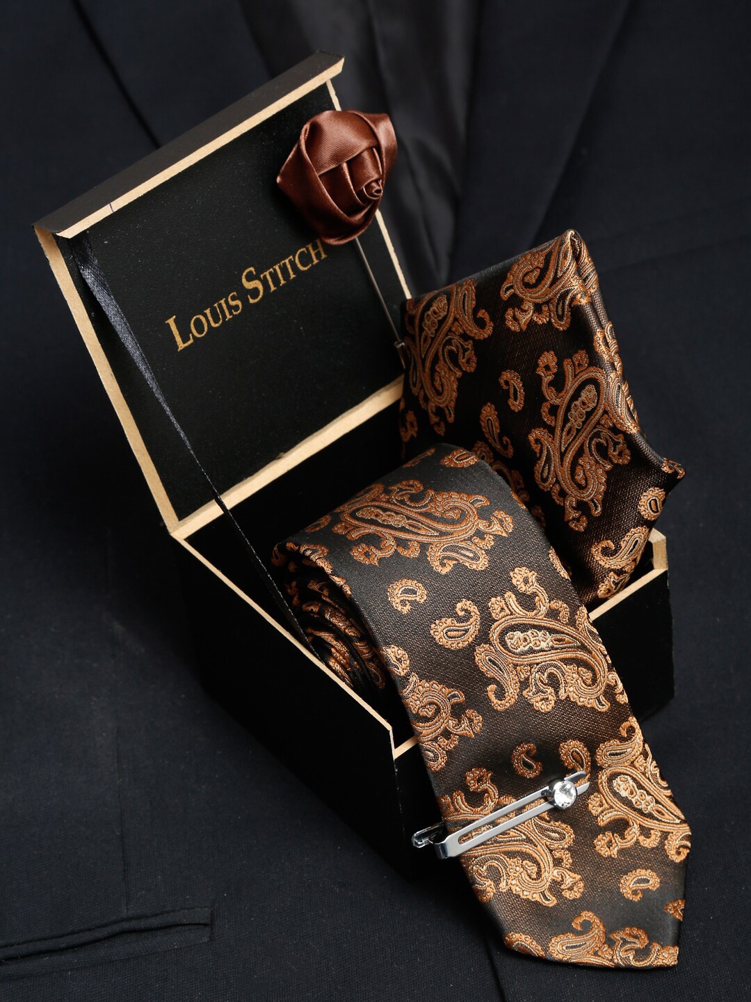 

LOUIS STITCH Men Italian Silk Necktie Accessory Gift Set, Brown