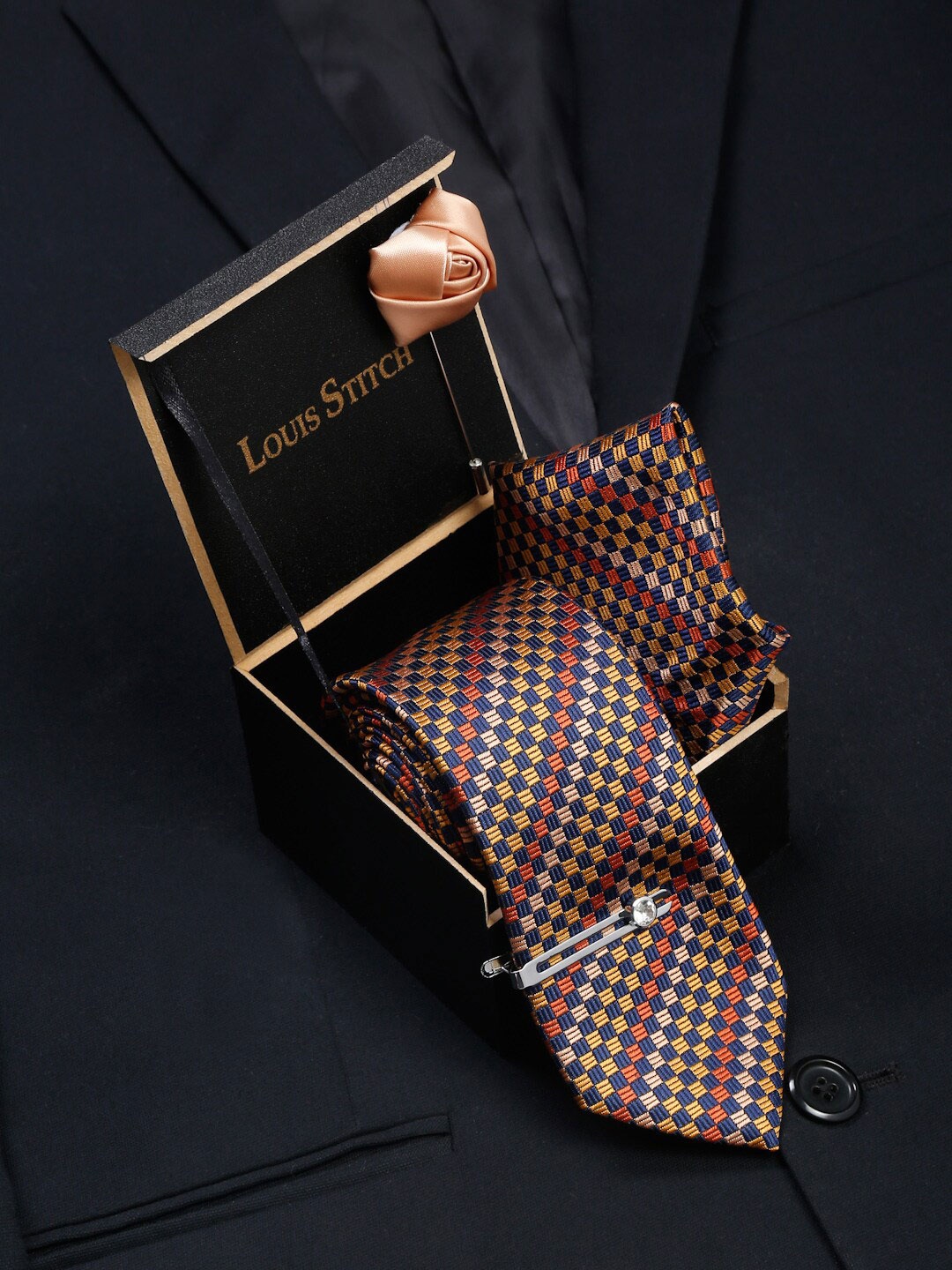 

LOUIS STITCH Men Italian Silk Necktie Accessory Gift Set, Yellow