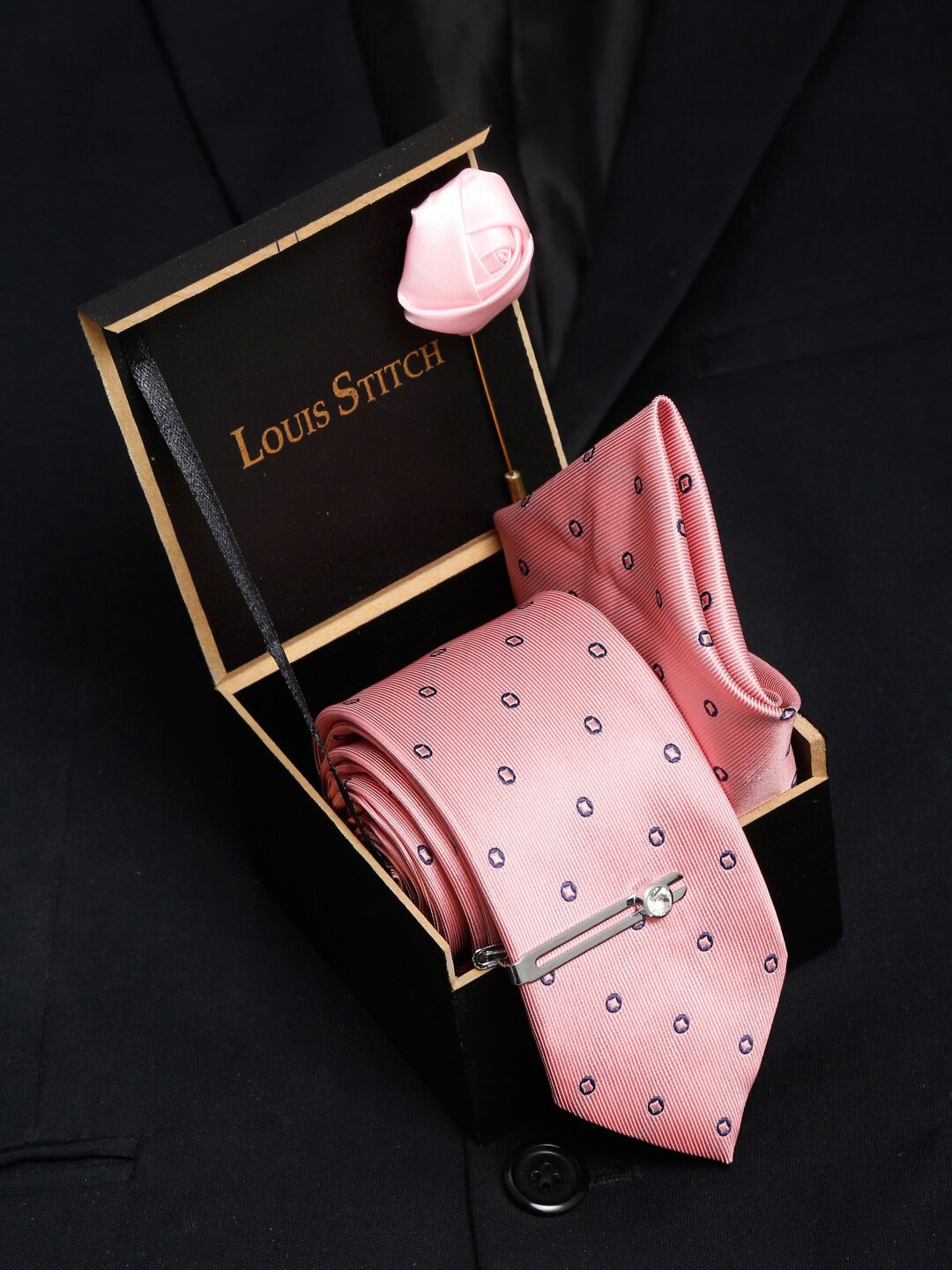

LOUIS STITCH Men Italian Silk Necktie Accessory Gift Set, Peach