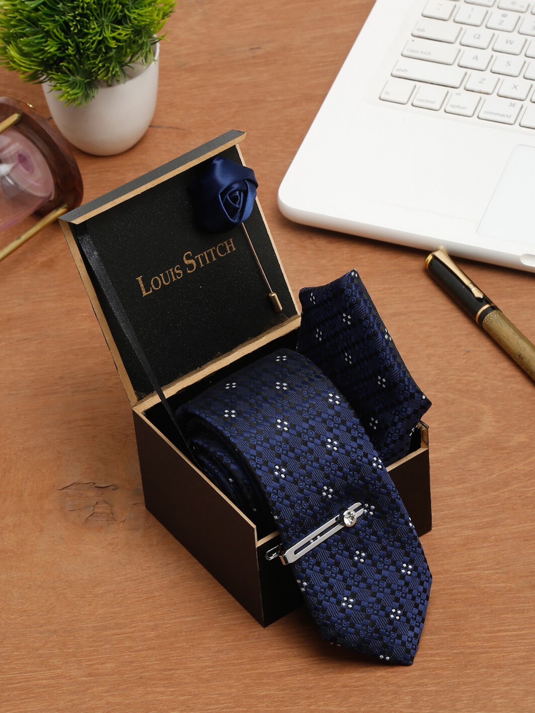 

LOUIS STITCH Men Silk Necktie Accessory Gift Set, Blue