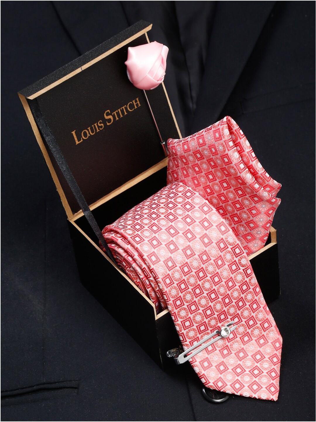 

LOUIS STITCH Men Silk Necktie Accessory Gift Set, Pink