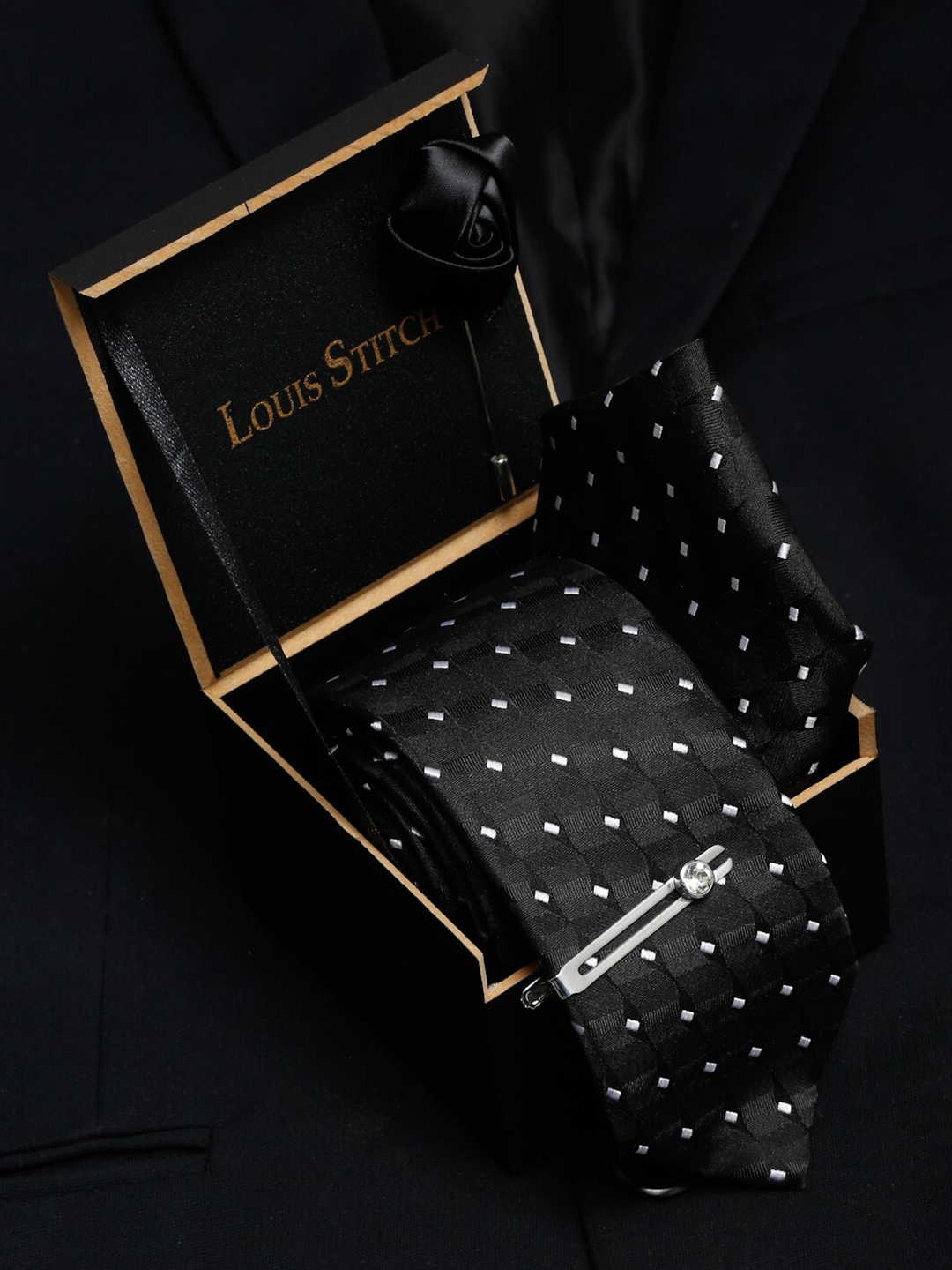 

LOUIS STITCH Men Italian Silk Blend Necktie Accessory Gift Set, Black