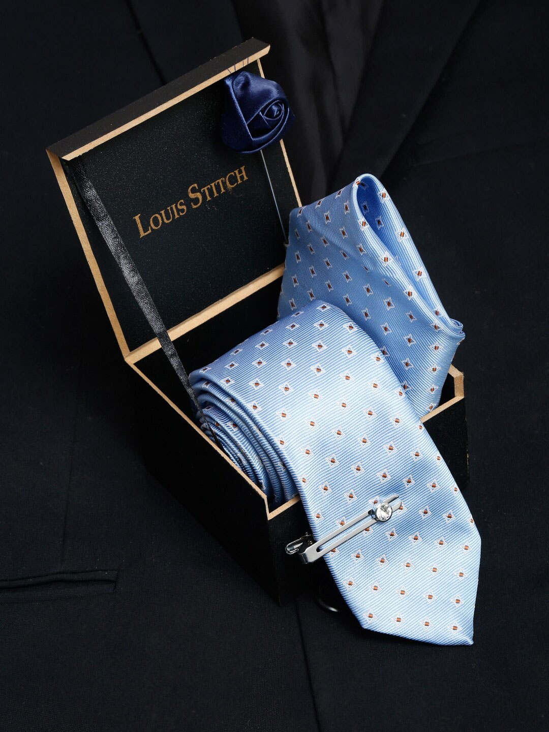 

LOUIS STITCH Men Italian Silk Blend Necktie Accessory Gift Set, Blue