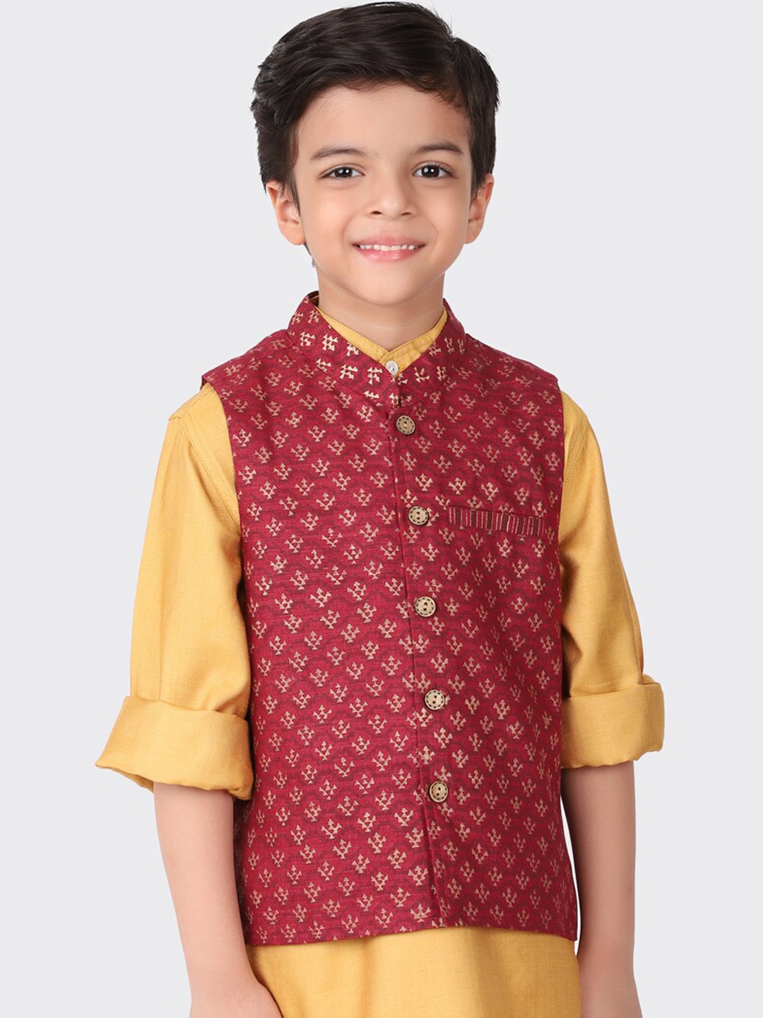 

Fabindia Boys Maroon Printed Nehru Jacket
