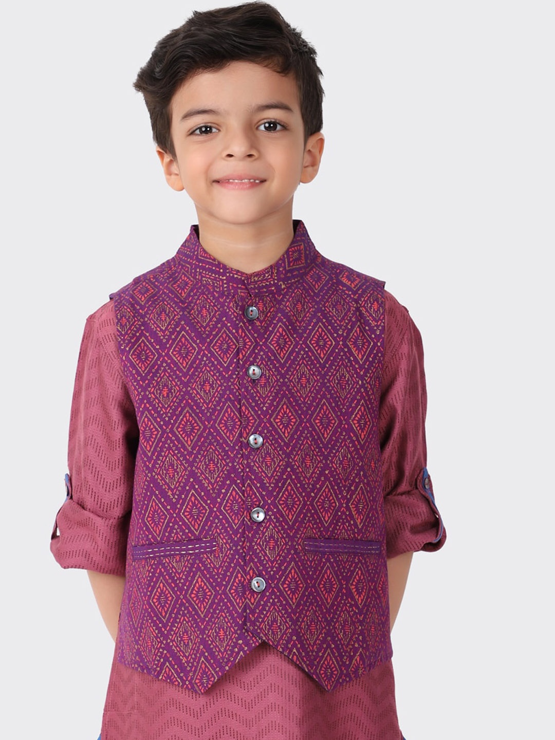 

Fabindia Boys Purple Printed Cotton Nehru Jackets