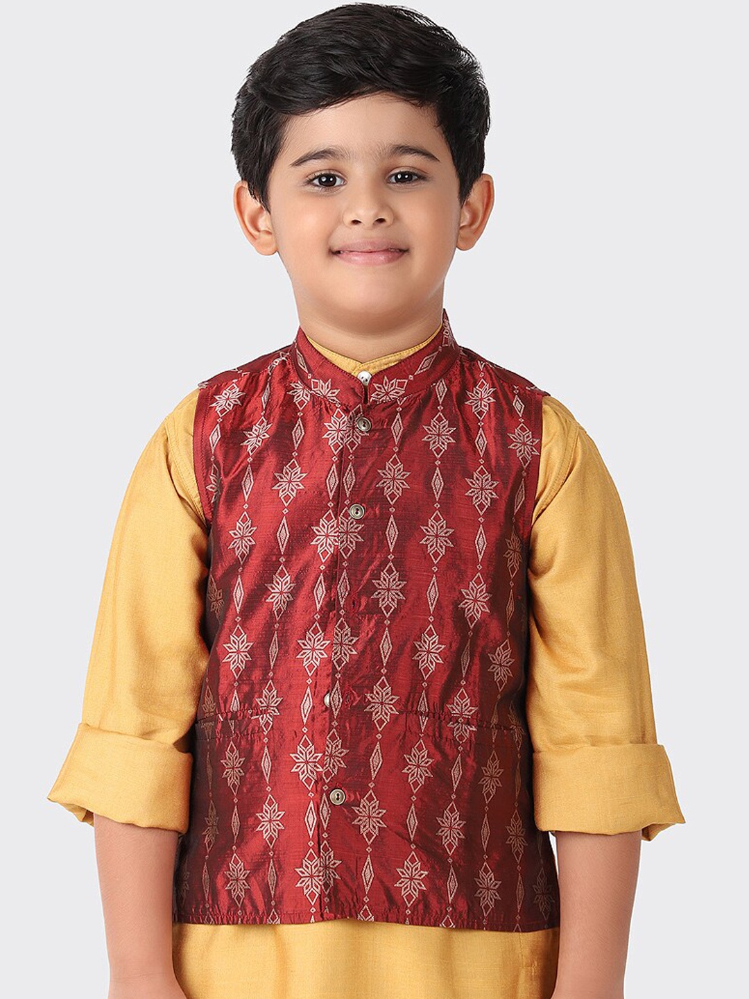 

Fabindia Boys Maroon Geometric Printed Brocade Nehru Jacket