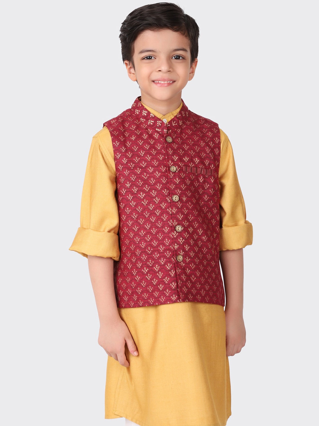 

Fabindia Boys Maroon & Gold-Toned Printed Pure Silk Nehru Jacket