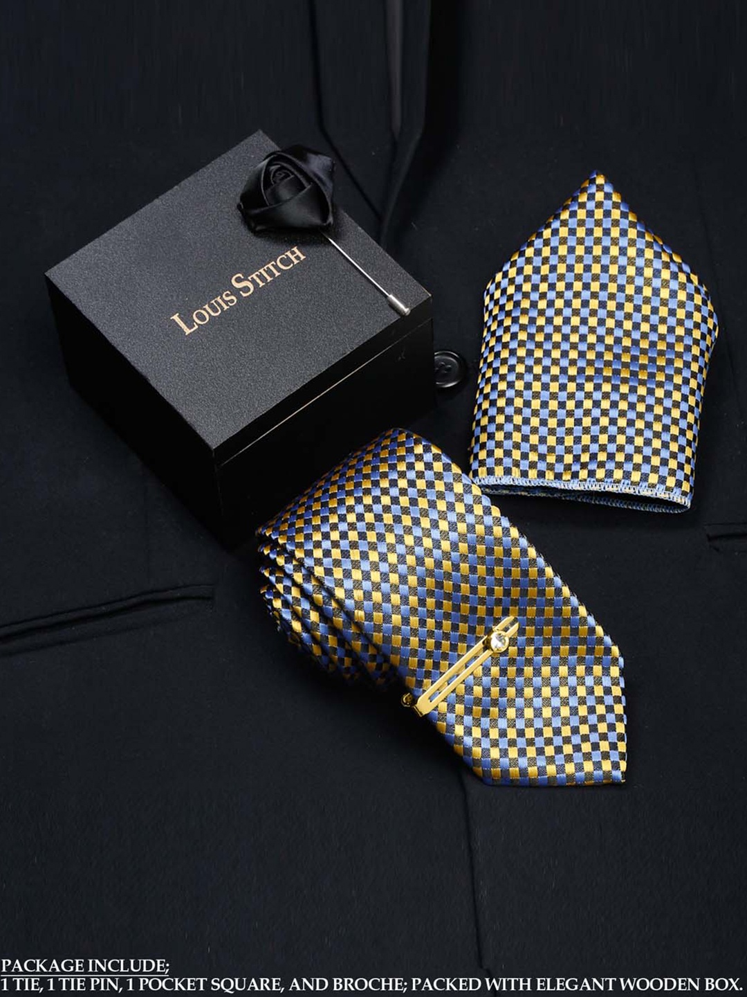 

LOUIS STITCH Men Italian Silk Blend Necktie Accessory Gift Set, Yellow