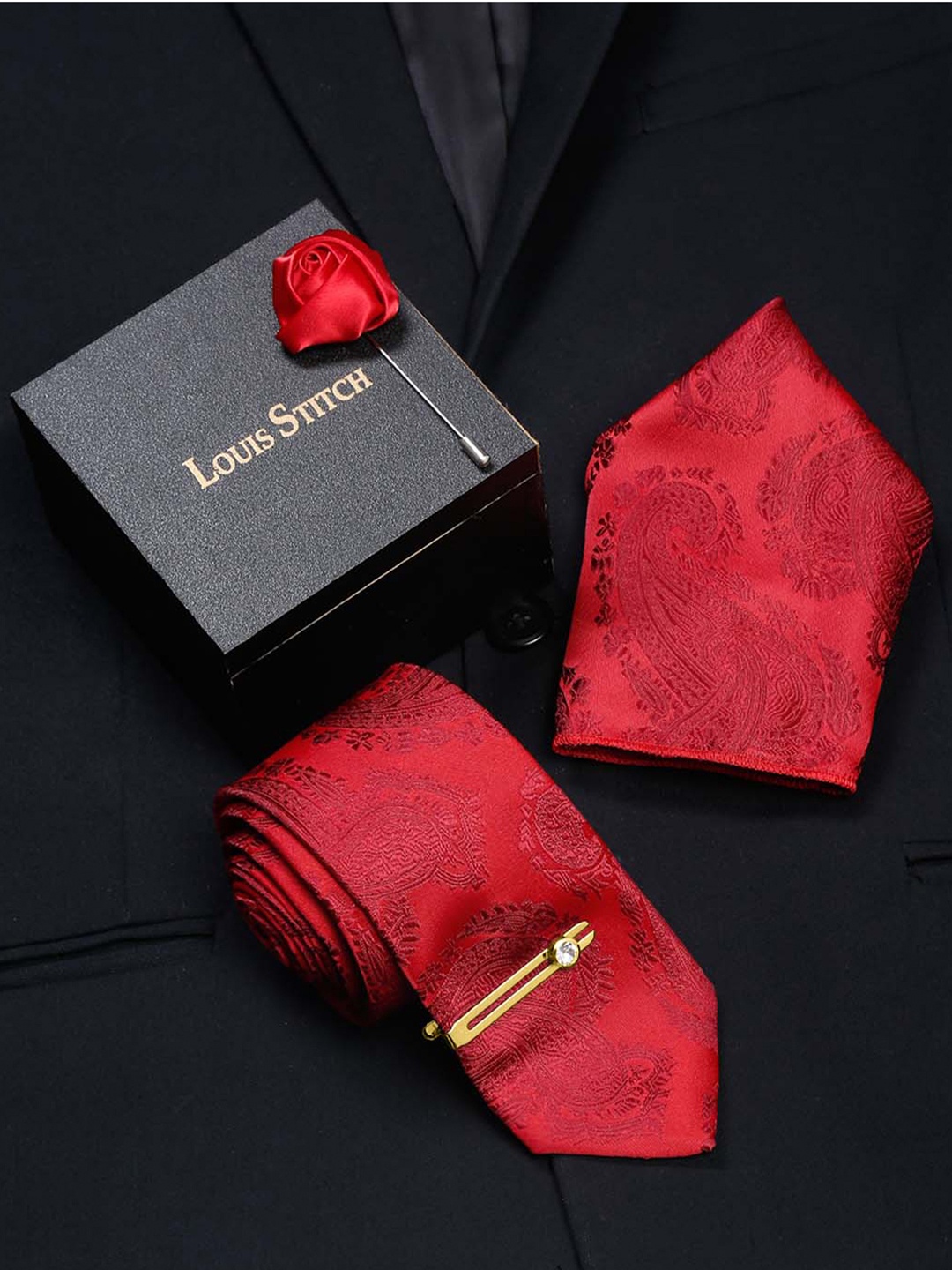 

LOUIS STITCH Men Italian Silk Necktie Accessory Gift Set, Red