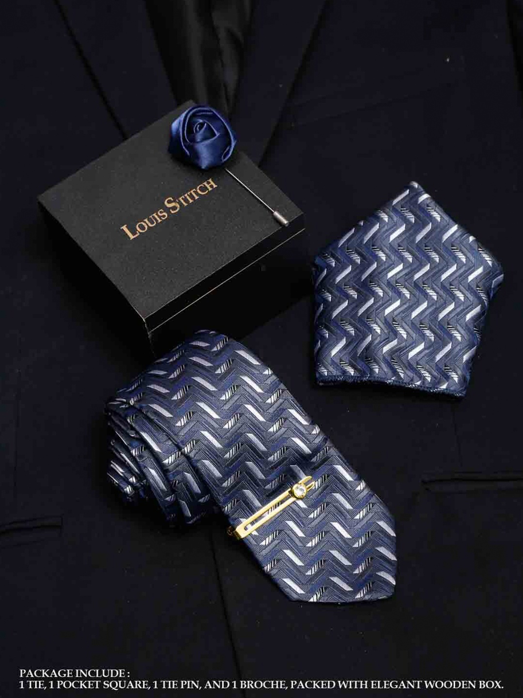 

LOUIS STITCH Men Italian Silk Necktie Accessory Gift Set, Grey