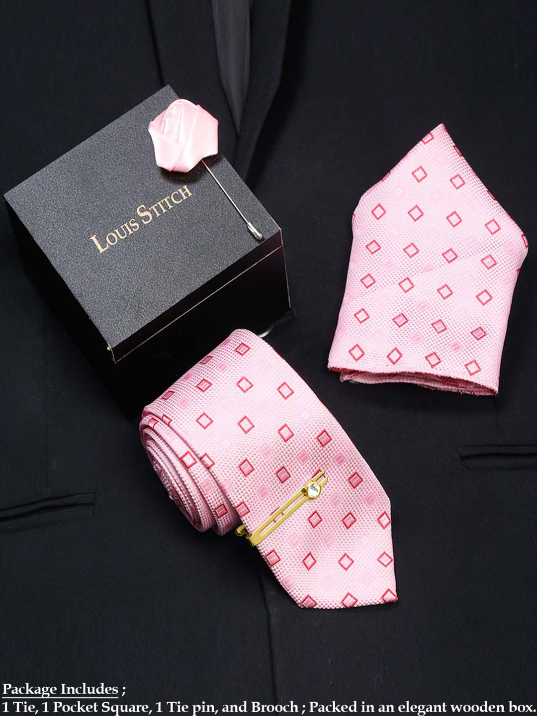 

LOUIS STITCH Men Italian Silk Necktie Accessory Gift Set, Pink