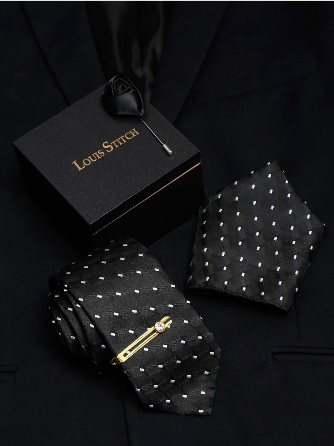 

LOUIS STITCH Men Raven Black Italian Silk Necktie Accessory Gift Set