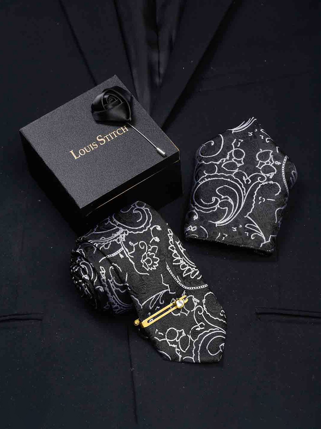

LOUIS STITCH Men Italian Silk Necktie Accessory Gift Set, Black