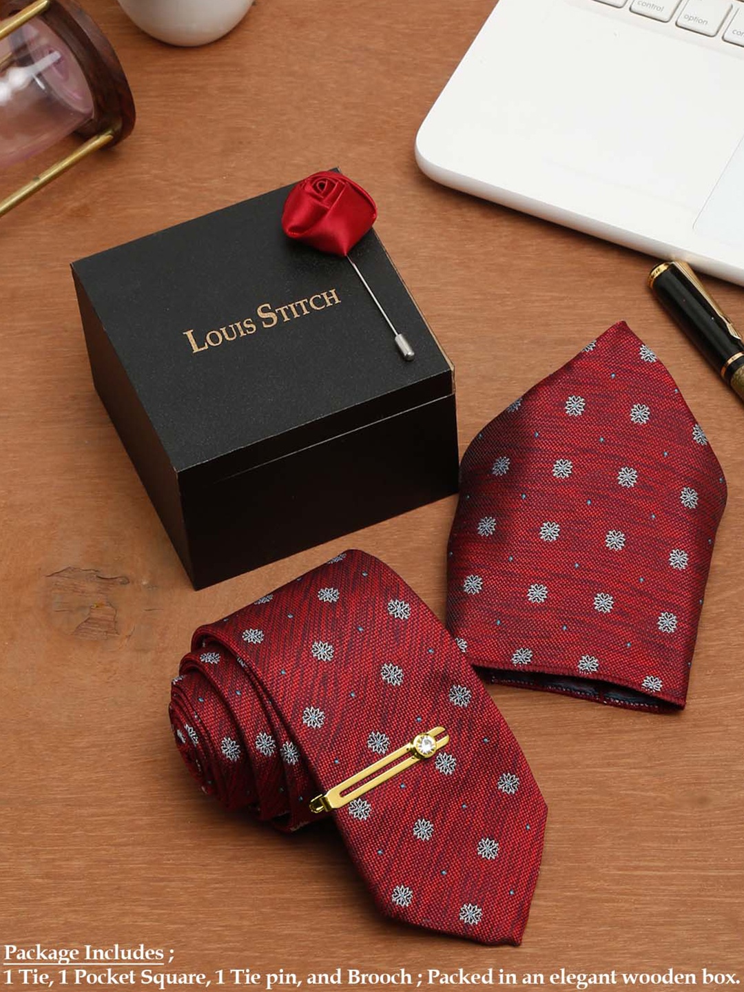 

LOUIS STITCH Men Rosewood Italian Silk Necktie Accessory Gift Set, Red