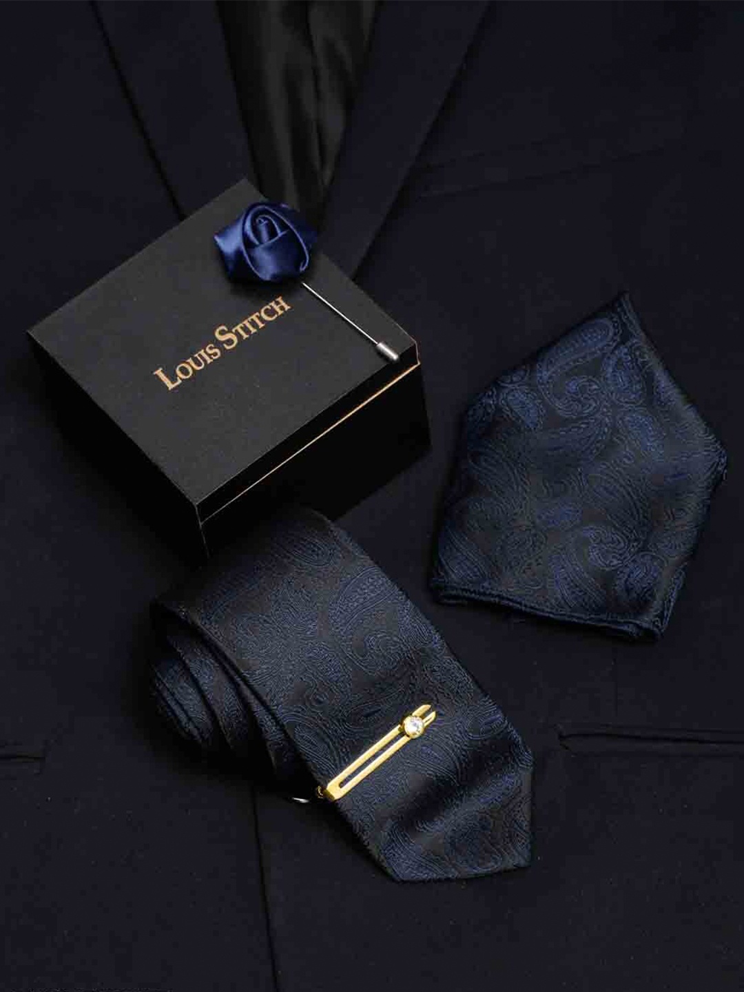 

LOUIS STITCH Men Italian Silk Necktie Accessory Gift Set, Blue