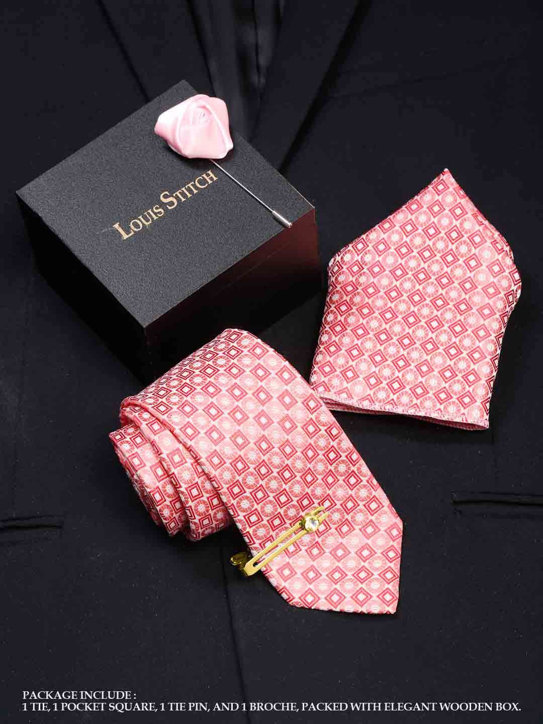 

LOUIS STITCH Men Italian Silk Necktie Accessory Gift Set, Pink