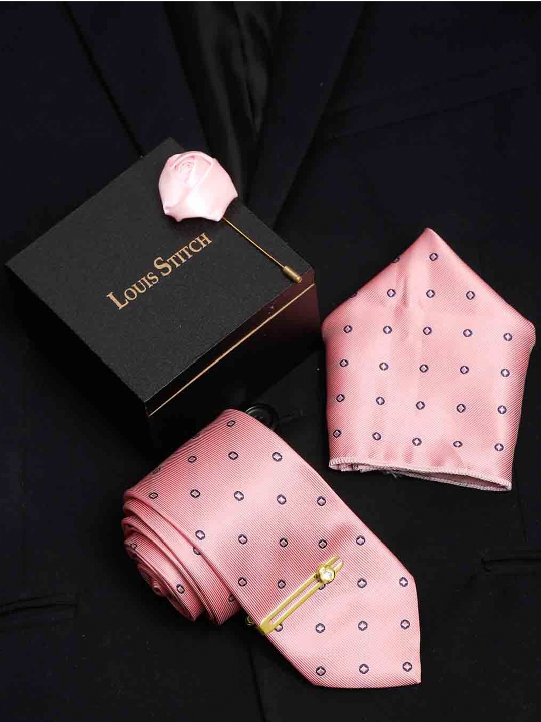 

LOUIS STITCH Men Italian Silk Necktie Accessory Gift Set, Pink