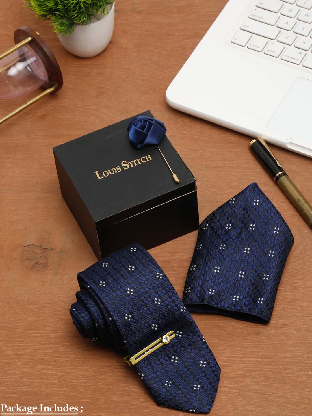 

LOUIS STITCH Men Denim Blue Italian Silk Necktie Accessory Gift Set