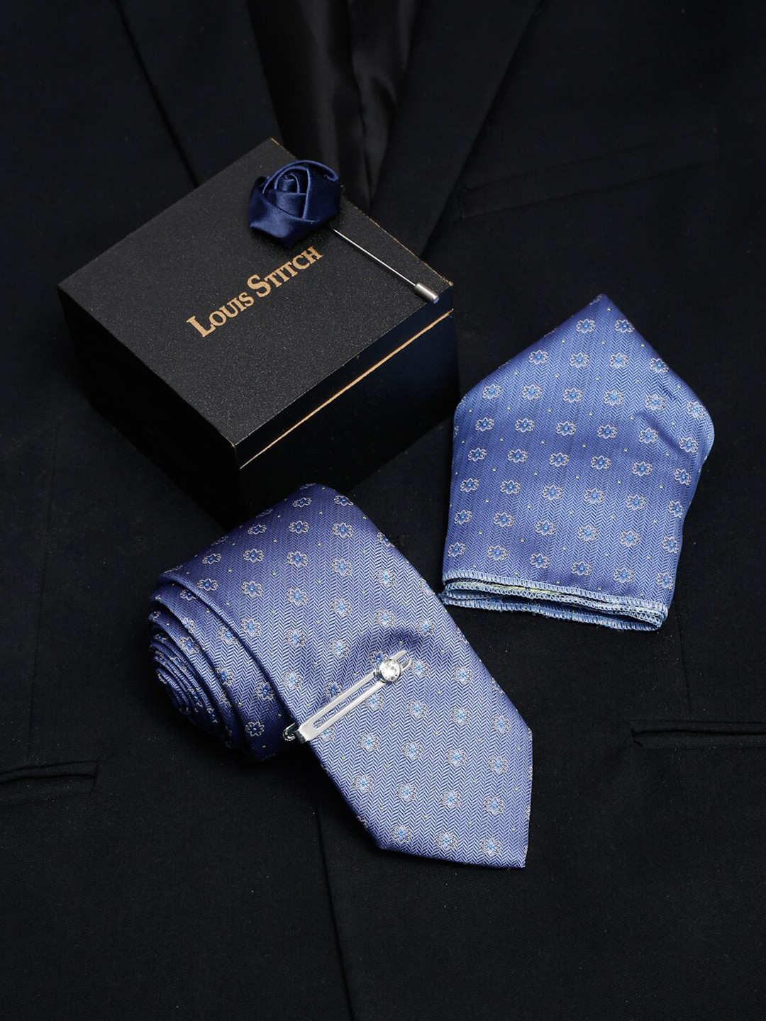 

LOUIS STITCH Men Italian Silk Necktie Accessory Gift Set, Blue