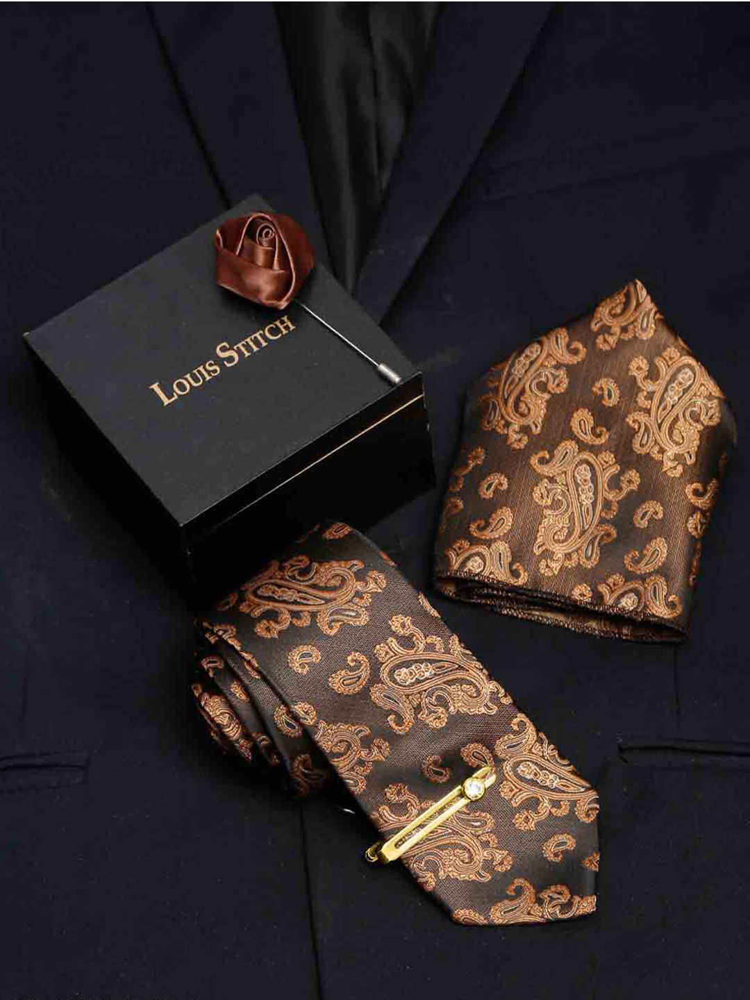 

LOUIS STITCH Men Hickory Brown Italian Silk Necktie Accessory Gift Set