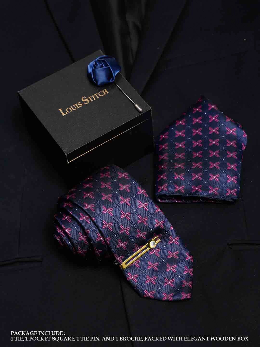 

LOUIS STITCH Men Indigo Blue Italian Silk Necktie Accessory Gift Set