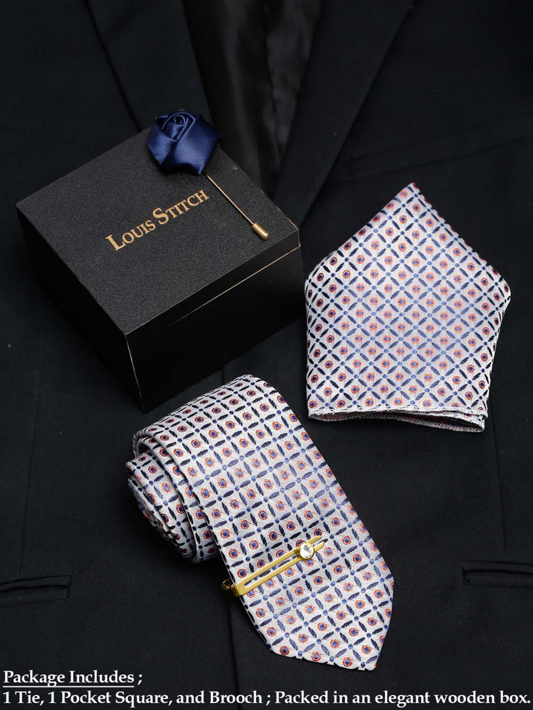 

LOUIS STITCH Printed Silk Necktie Accessory Gift Set, Grey
