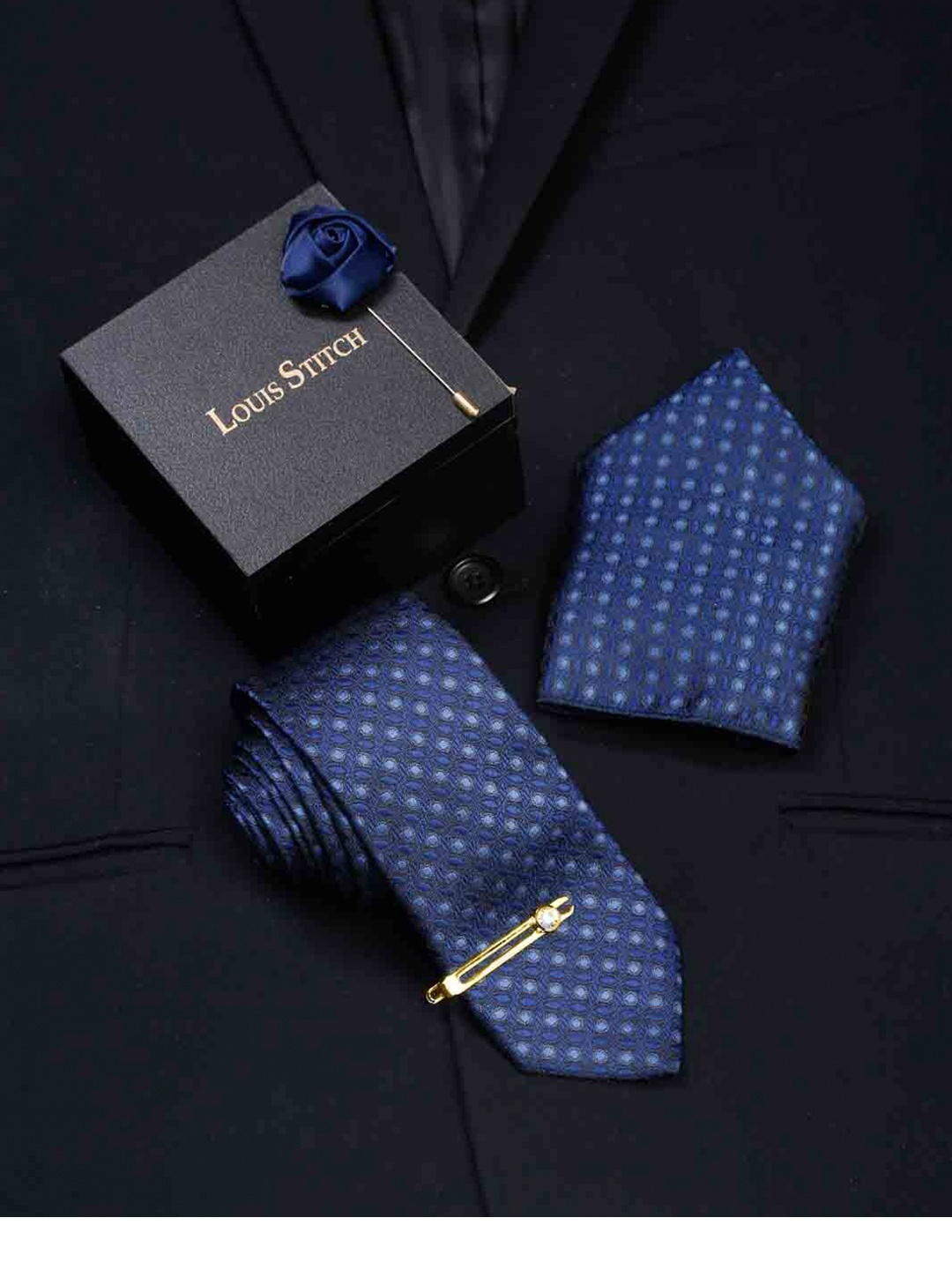 

LOUIS STITCH Men Admiral Blue Italian Silk Necktie Accessory Gift Set