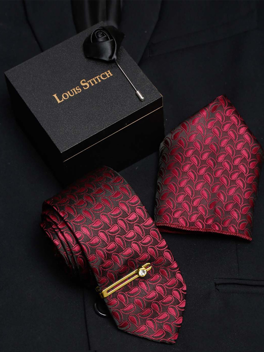 

LOUIS STITCH Men Burgundy Red Italian Silk Necktie Accessory Gift Set