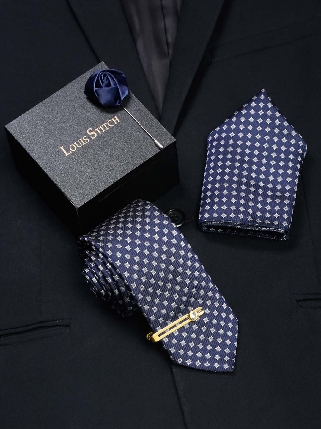 

LOUIS STITCH Men Silk Formal Necktie Accessory Gift Set, Blue