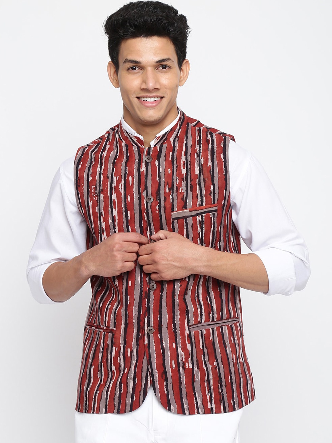 

Fabindia Men Rust-Coloured Printed Cotton Nehru Jackets