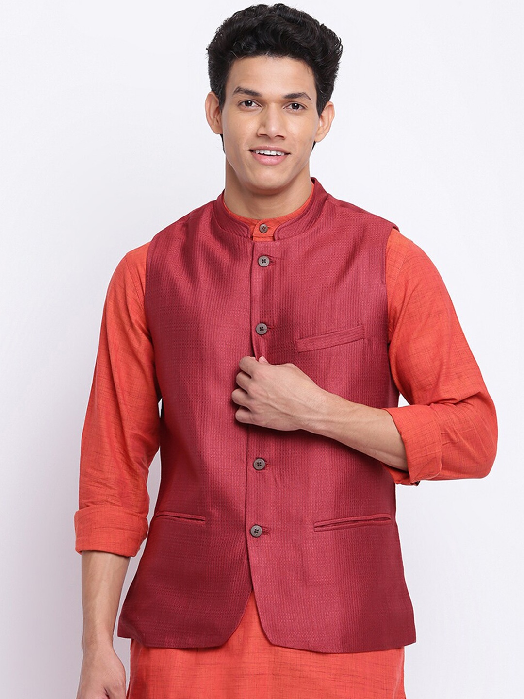 

Fabindia Men Maroon Woven-Design Nehru Jacket