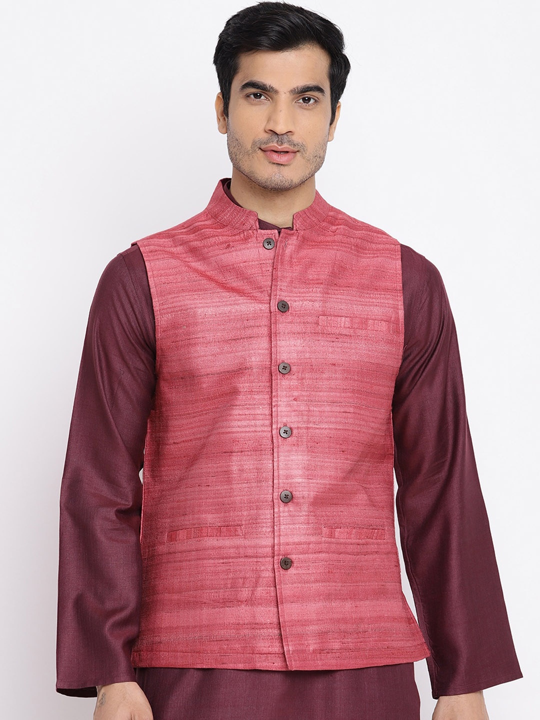 

Fabindia Men Magenta Woven Design Nehru Jackets