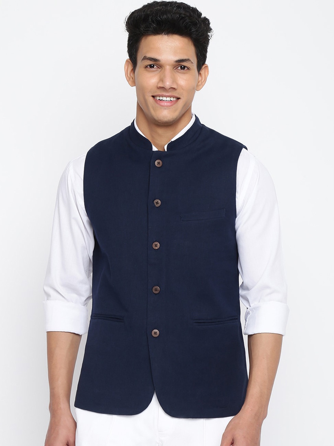 

Fabindia Men Navy Blue Solid Woven Nehru Jacket