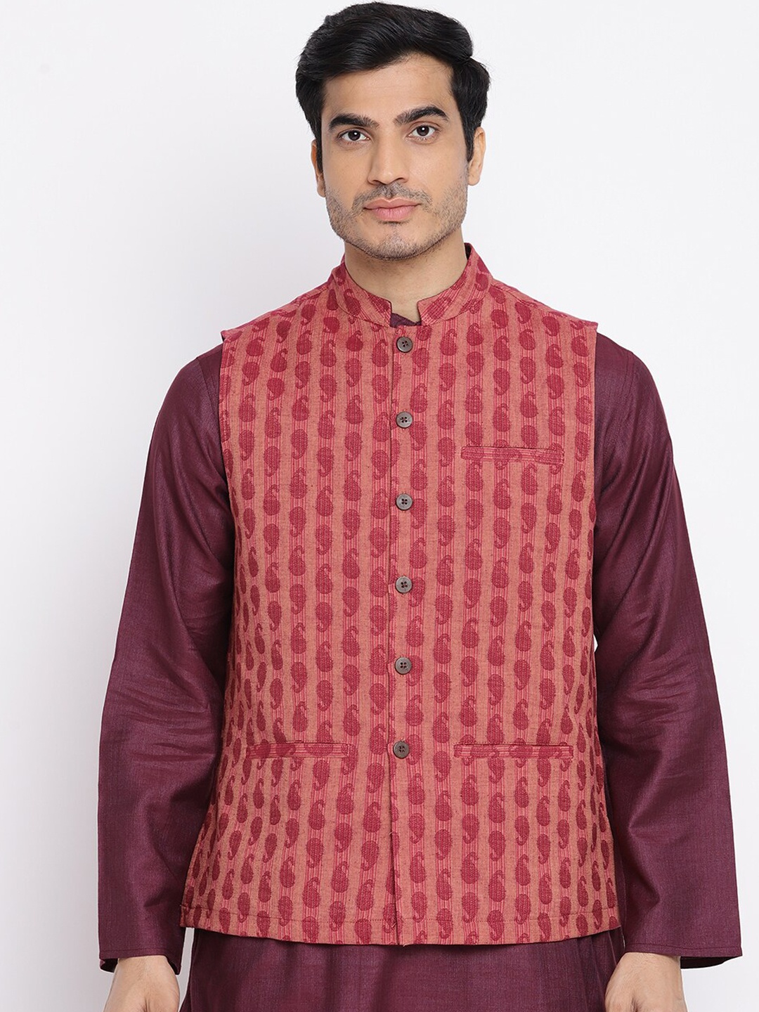 

Fabindia Men Red Cotton Nehru Jackets