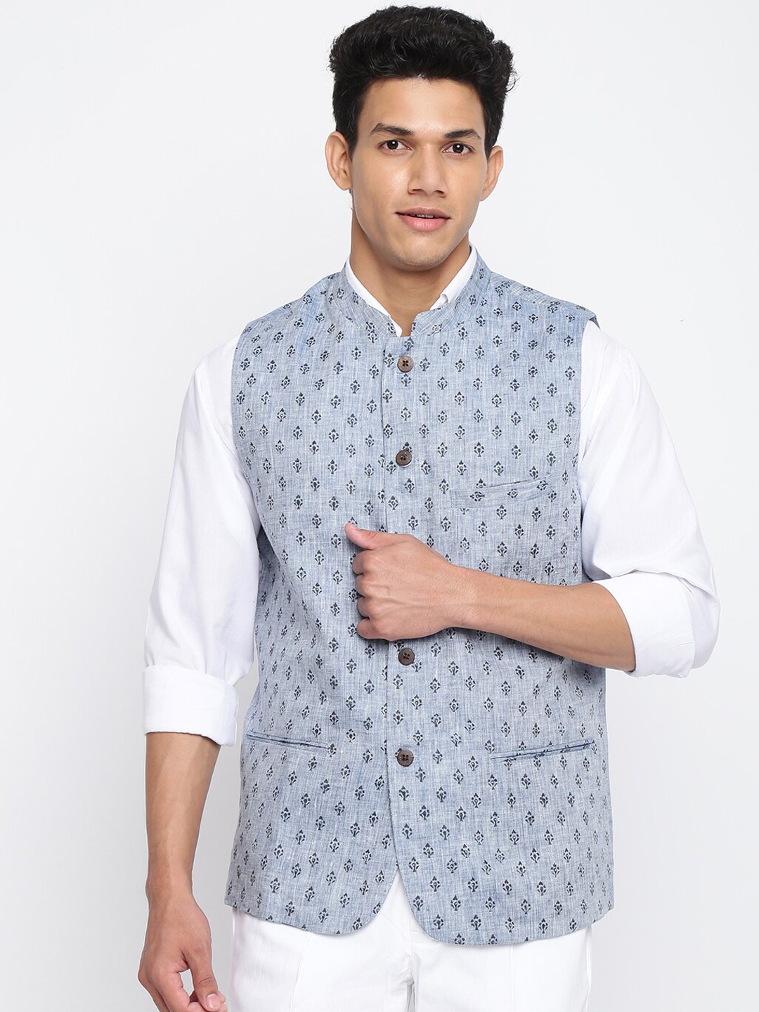 

Fabindia Men Blue Printed Nehru Jacket