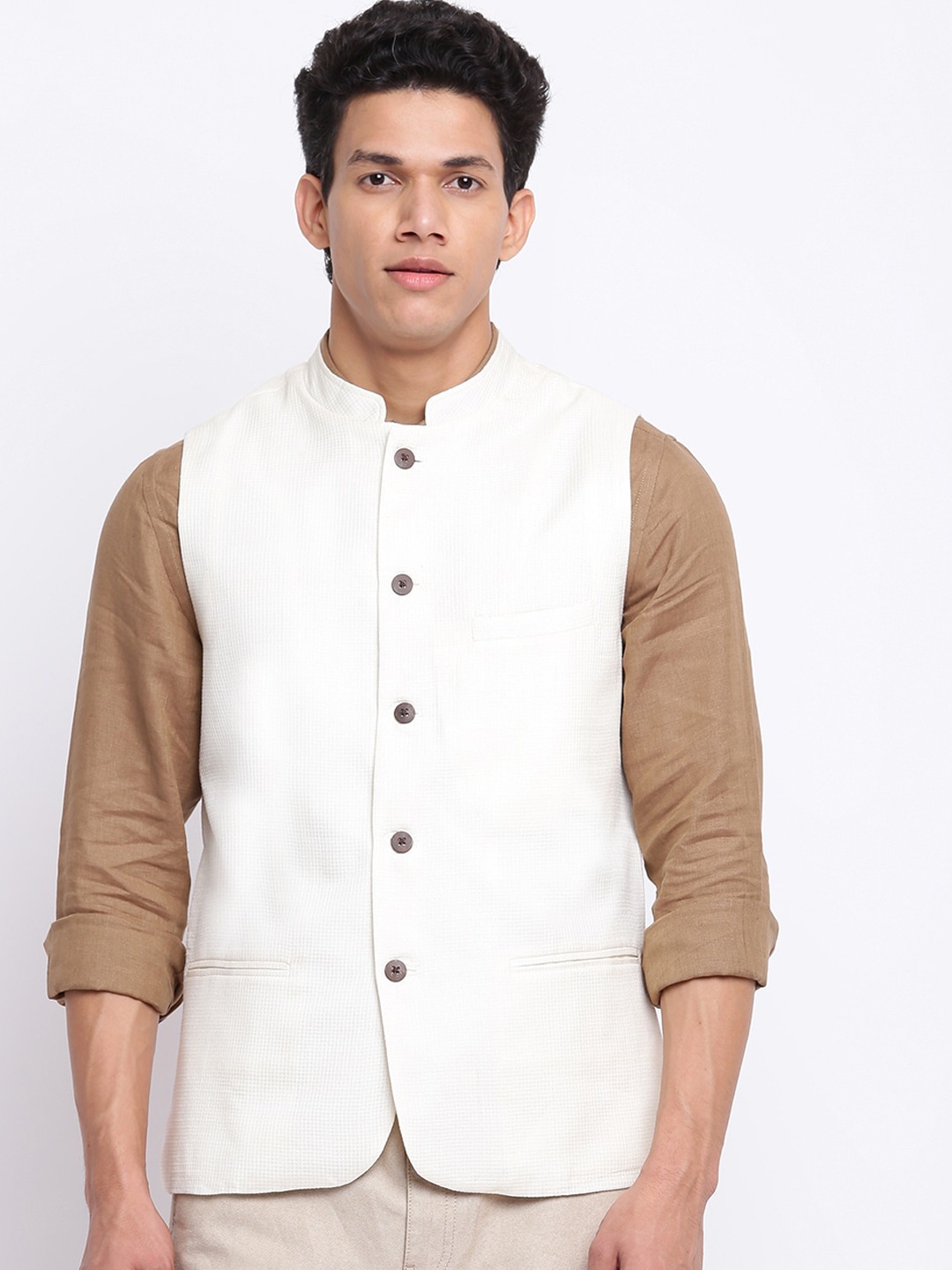 

Fabindia Men White Checked Cotton Silk Jacket