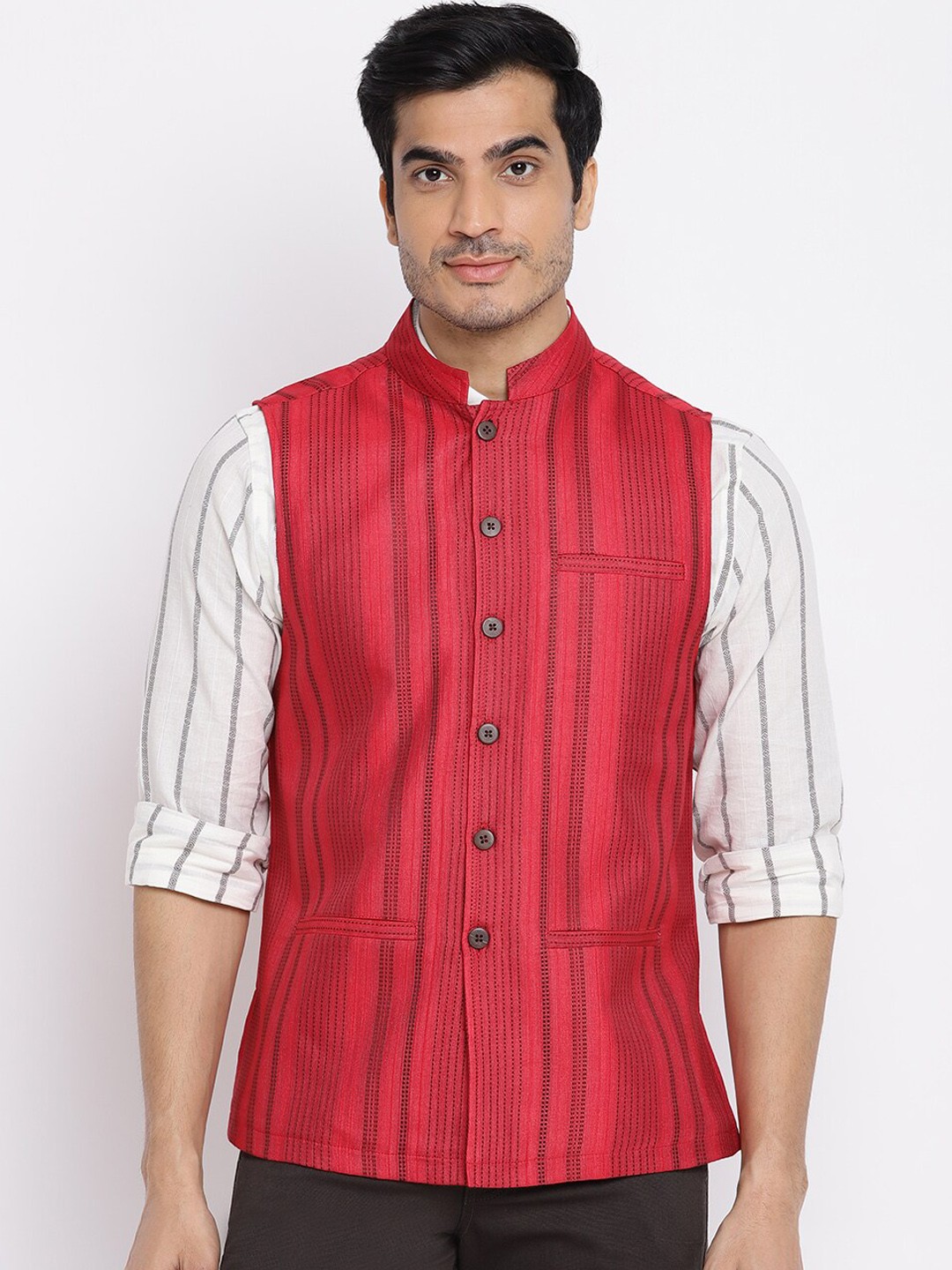 

Fabindia Men Red Striped Dobby Nehru Jacket